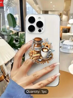 White Acrylic Phone Stand with Coffee Design